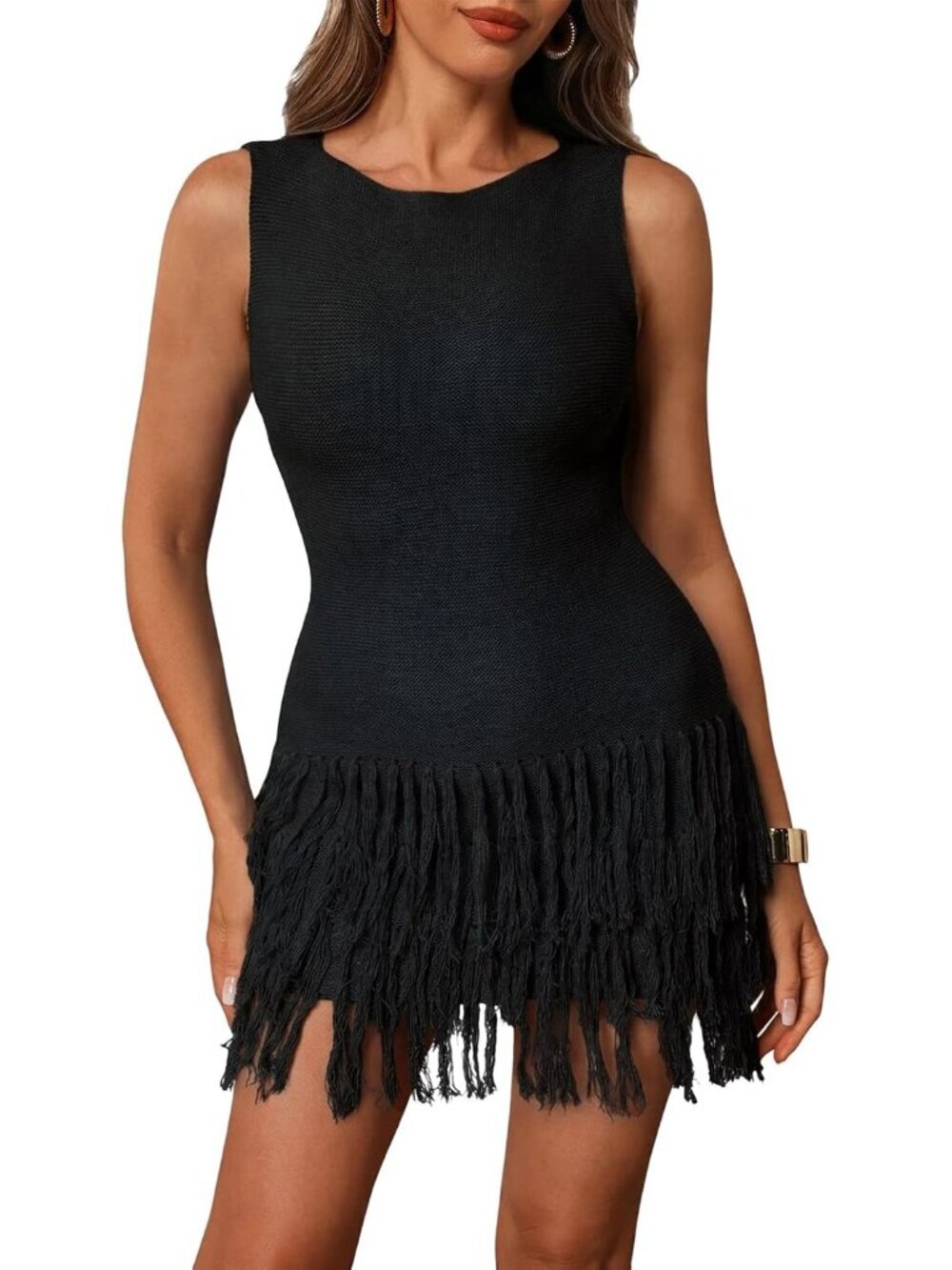 Women's Black Sleeveless Mini Crew Neck Bodycon Knit Fringe Party Club Dress